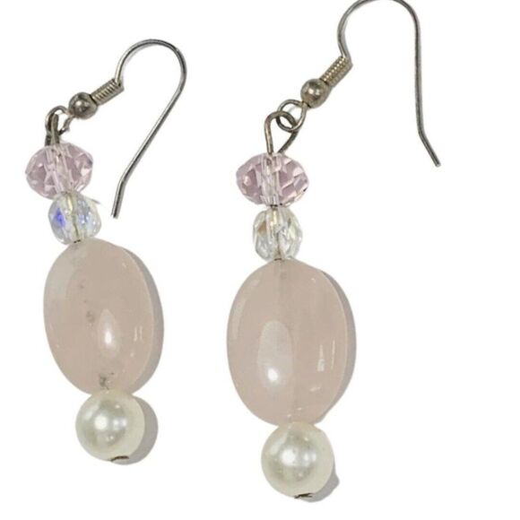 Vintage White Pearl Pink Quartz Crystal Drop Pierced Dangle Silver Tone Earrings - Picture 4 of 5